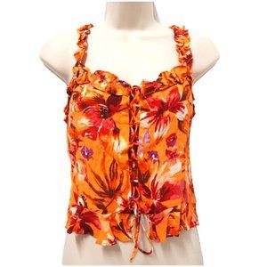 H&M Womens Frill-Trimmed Top S Hawaiian Floral Tank Crop Ruffle Lace Up Orange